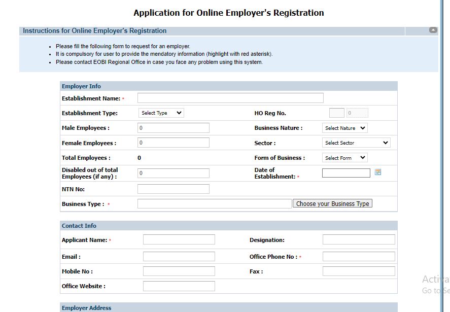 Fill the form for Online EOBI employer registration Application for Online EOBI employer enrollment