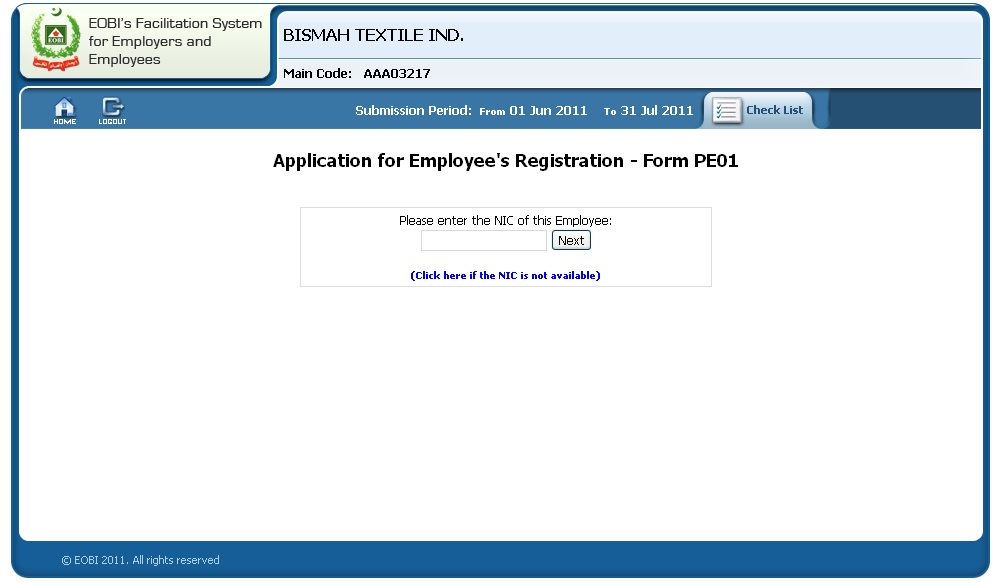 Application for employee registration Form PE01 EOBI Login by CNIC